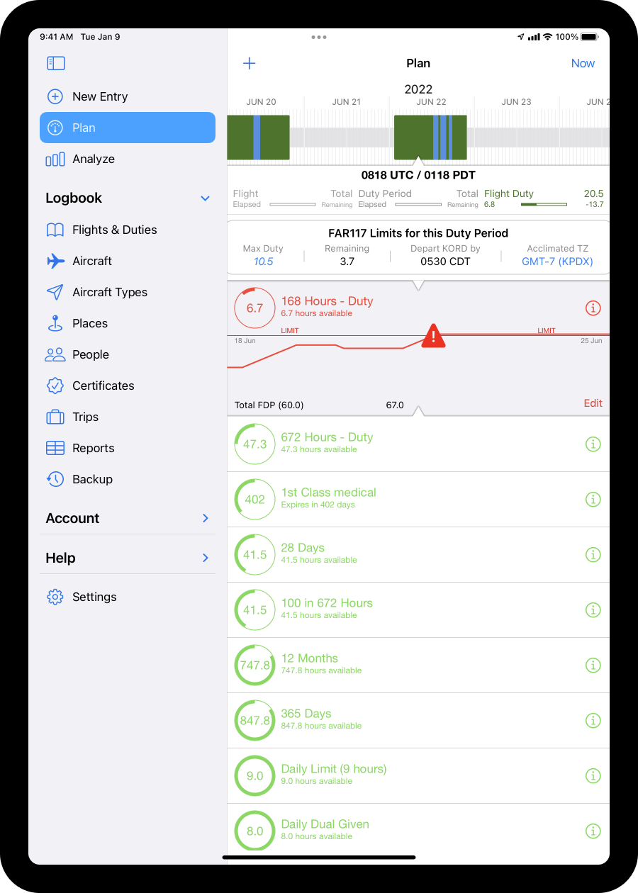 LogTen Pro radar plan view showing limits on iPad