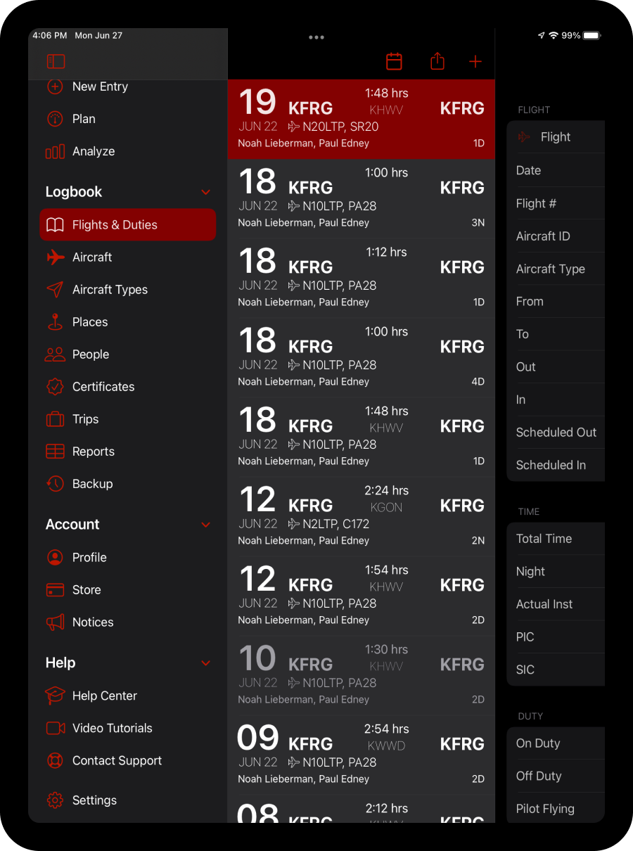 LogTen Pro pilot logbook view on iPad